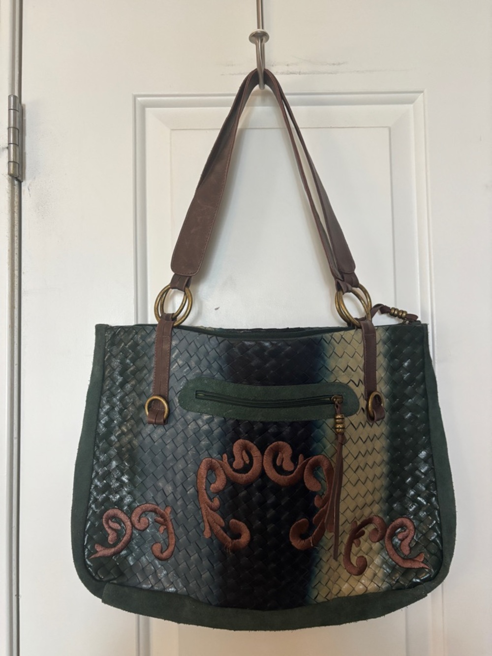 SHARIF Vintage Leather Woven Green Tote Bag with Brown Accents